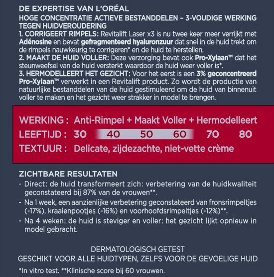 Tekst in het Nederlands over L'Oréal Revitalift Laser X3: werking, leeftijd, textuur en zichtbare resultaten.