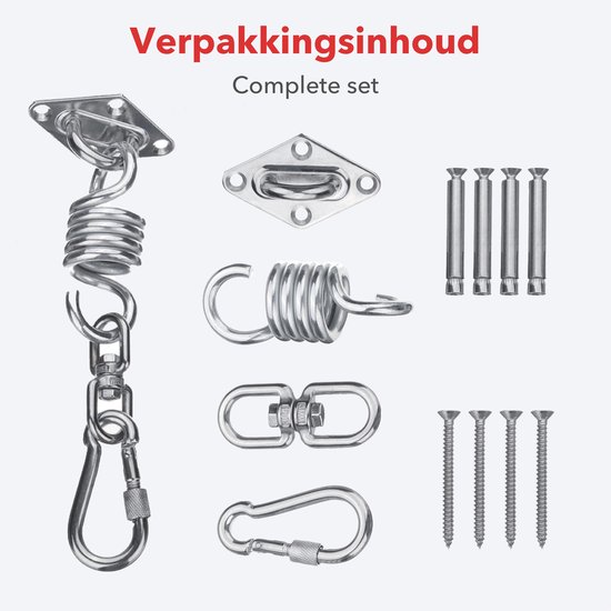 Complete set met metalen ophanghaken, karabijnhaak, schroeven en veren voor een bokszak.