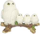 Maddeco - figurine harfang des neiges avec 3 poussins hiboux sur une branche - polystone