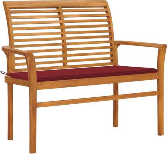 vidaXL - Tuinbank - met - wijnrood - kussen - 112 - cm - massief - teakhout
