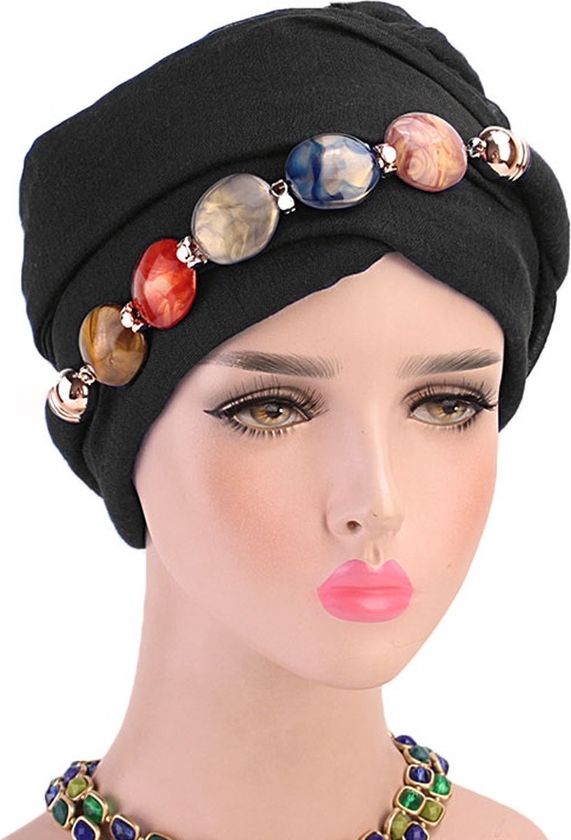 Hijab – Hoofddeksel – Tulband – Islamitisch – Tulband voor dames – Zwart – Muts – Tulband met versiering – Hoofddoek - Headwrap