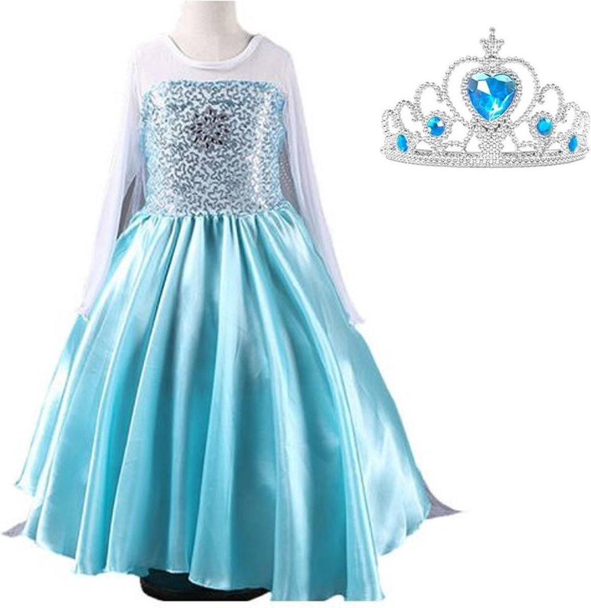 Elsa jurk Ster 130 met sleep + blauwe kroon maat 122-128 Prinsessenjurk meisje blauw Verkleedkleren meisje - La Señorita