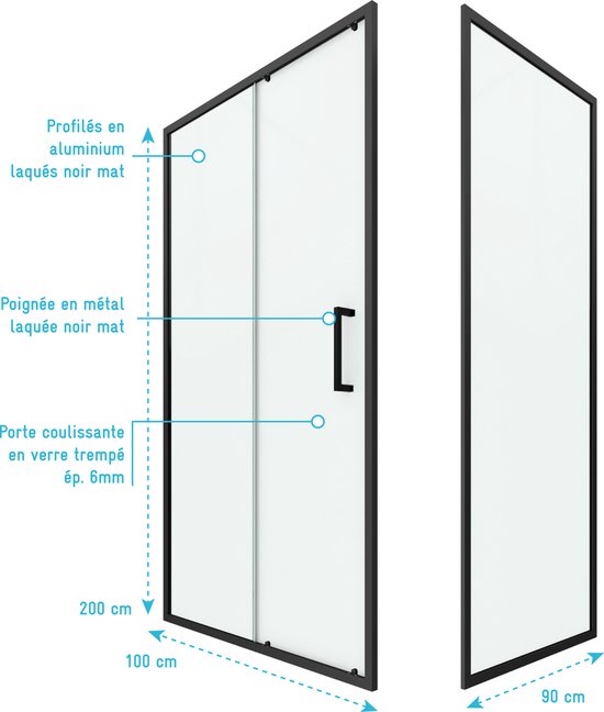 Porte de douche Aurlane avec porte coulissante + paroi latérale 100x200cm + 90x200cm - structure aluminium noir mat - verre épaisseur 5mm - CRUSH 100-90