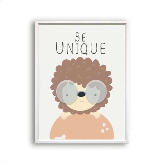 Poster Blije dieren egel be unique tekst - Dieren motivatie / kinderkamer / Bos / Dieren Poster / Babykamer - Kinderposter  50x40cm