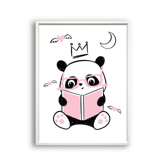 Poster Roze Panda aan het Lezen - Kroontje - Meisjeskamer - Babyshower / Geboorte Cadeau - Babykamer - 70x50cm - Postercity