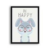 Poster Blije dieren konijn be happy tekst - Dieren motivatie / kinderkamer / Bos / Dieren Poster / Babykamer - Kinderposter 80x60cm