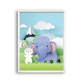 Poster Olifant en konijn met berg en wolkje links - dieren van papier / Jungle / Safari / Dieren Poster / Babykamer - Kinderposter 80x60cm