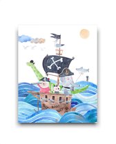 Schilderij  Piraten beertje konijn olifant en dino op de boot donker - piraten thema / Dieren / 50x40cm
