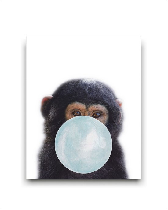 Schilderij  Jungle aap met blauwe kauwgom - Jungle dieren / Kauwgombel / 50x40cm