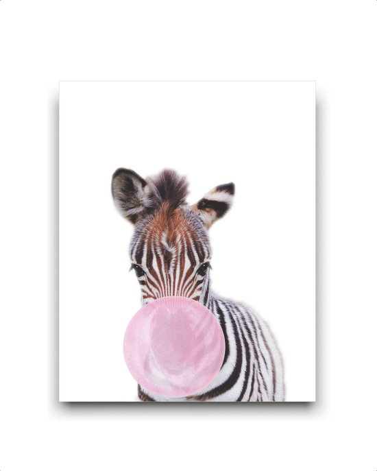 Schilderij Jungle zebra met roze kauwgom - Jungle dieren / Kauwgombel