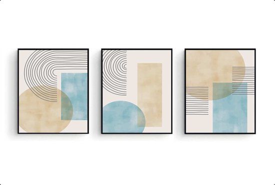 Poster Set 3 Abstracte lijnen kunst zon met mist en riet in ochtend / Abstract / 50x40cm