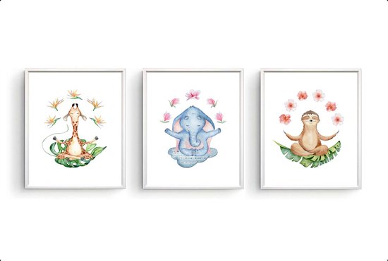 Postercity - Design Canvas Poster Set Yoga Giraffe, Luiaard & Olifant Namaste / Kinderkamer / Dieren Poster / Babykamer - Kinderposter / Babyshower Cadeau / Muurdecoratie / 30 x 21cm / A4
