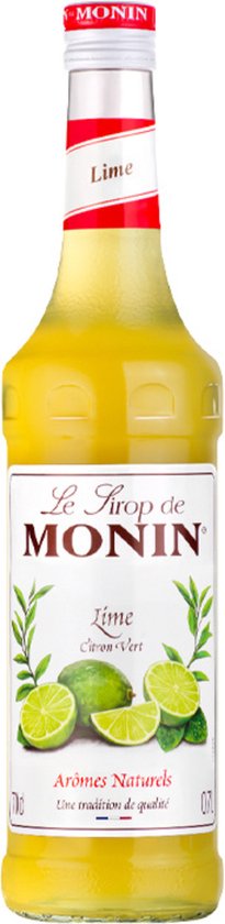 Monin limoensiroop met etiket met groene citroenen en bladeren. Rode band met "Lime".