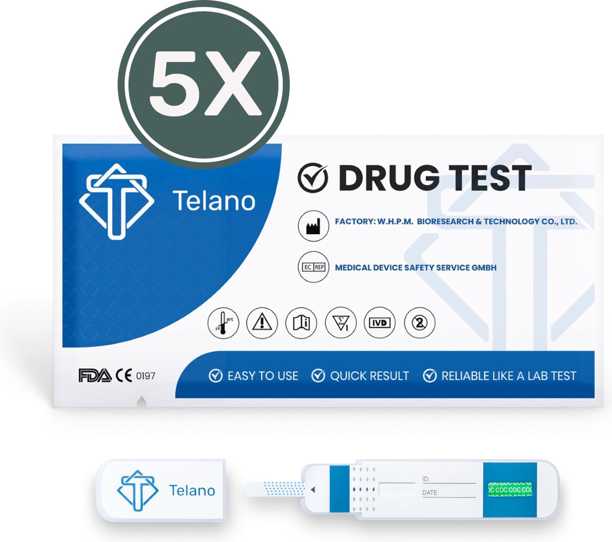 Goedkoopste Telano 5 stuks Drugstest Cocaïne Dipcard - Drugtesten Urine COC