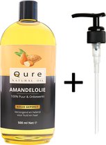 Amandelolie 500ml + Pompje | Biologisch | 100% Puur & Onbewerkt | Food Grade Koudgeperste Zoete Amandel Olie voor Haar, Huid en Lichaam | Huidolie | Haarolie