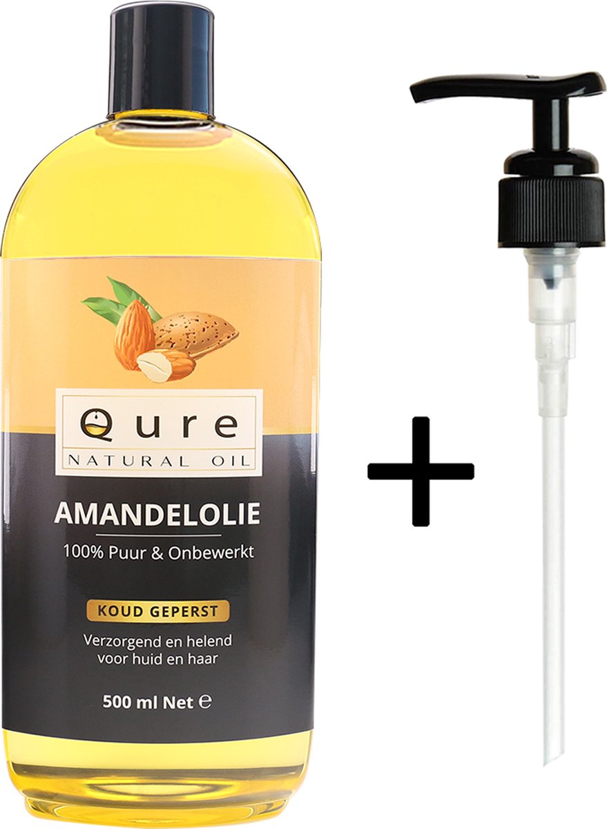 Amandelolie 500ml + Pompje | 100% Puur & Onbewerkt | Food Grade Koudgeperste Zoete Amandel Olie voor Haar, Huid en Lichaam