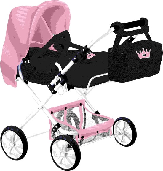 Roze poppenwagen met zwarte tas en kroon, en een roze mandje onderaan.