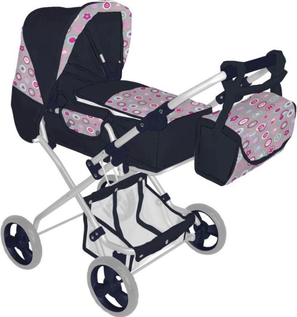 Bol.com Koets - Poppenwagen Combi - met Zak - Cirkels, Bloemen en Hartjes aanbieding