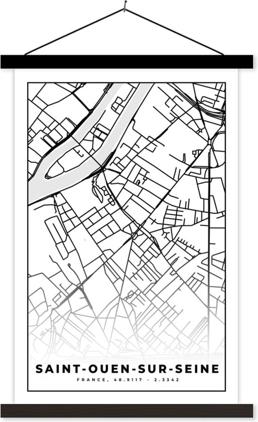 Porte-affiche avec affiche - Affiche scolaire - Carte - Saint-Ouen-sur-Seine - Carte - France - Plan de ville - Zwart et blanc - 40x60 cm - Lattes noires