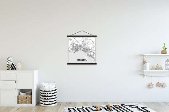 Support pour affiches avec affiche 40x40 cm - Affiche scolaire - Plan - Istanbul - Zwart et Wit - Plan de ville - Affiche textile - Lattes noires - Carte