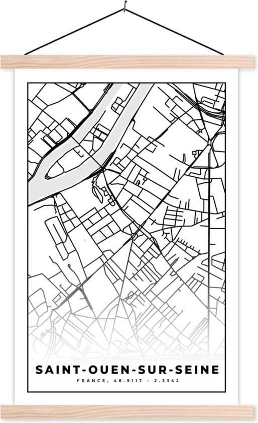Porte-affiche avec Affiche - Affiche scolaire - Carte - Saint-Ouen-sur-Seine - Carte - France - Plan de la ville - Zwart et blanc - 60x90 cm - Lattes vierges