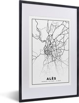 Fotolijst incl. Poster Zwart Wit- Alès - Kaart – Plattegrond – Frankrijk – Stadskaart - Zwart wit - 40x60 cm - Posterlijst