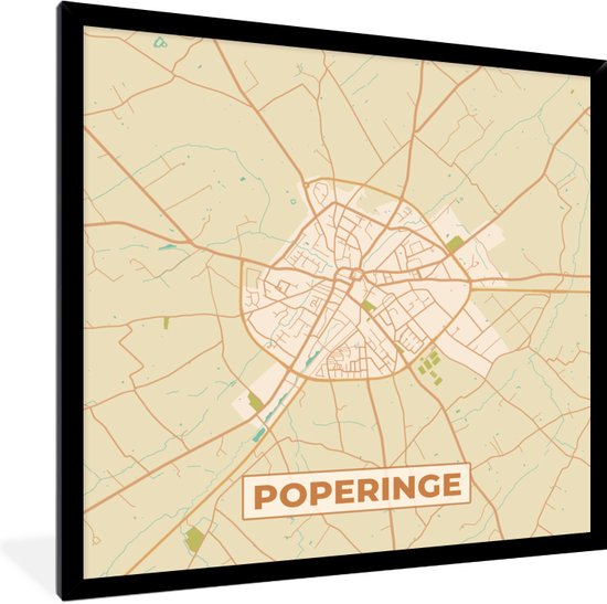 Fotolijst incl. Poster - Kaart - Stadskaart - Plattegrond - België - Poperinge - 40x40 cm - Posterlijst