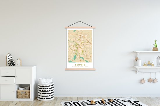 Posterhanger incl. Poster 120x180 cm - Schoolplaat - Plattegrond - Leipzig - Vintage - Kaart - Stadskaart - Textielposter - Blanke latten - Stadskaart