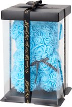 GreatGift® - Blauwe Rozen Beer 25 cm + 75 rozenblaadjes - in Luxe verpakking -Rose Bear - Teddy Beer - Blauw - Romantisch Cadeau - Valentijn - Cadeau voor haar