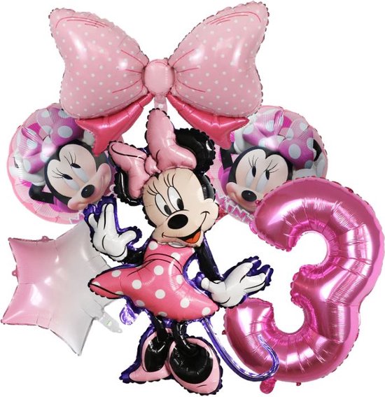 6 stuks folieballonnen - Minnie Mouse - thema ballonnen - Roze - getal 3 - verjaardag - 3 jaar - kinderverjaardag -