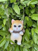 Polyresin hangend (tuin) dier "kat" - beige - hoogte 15x10x8 cm - ophangtouw - Voor binnen of buiten - Tuinaccessoires - Woonaccessoires