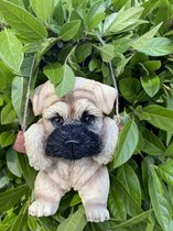 Polyresin hangend (tuin) dier "hond" - beige+zwarte snuit - hoogte 15x10x8 cm - ophangtouw - Voor binnen of buiten - Tuinaccessoires - Woonaccessoires