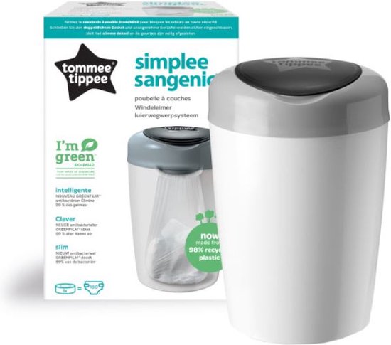 Product: Tommee Tippee Simplee Sangenic luieremmer, milieuvriendelijker systeem, inclusief 1 navulcassette met duurzaam geproduceerde antibacterile GREENFILM, grijs, van het merk Tommee Tippee