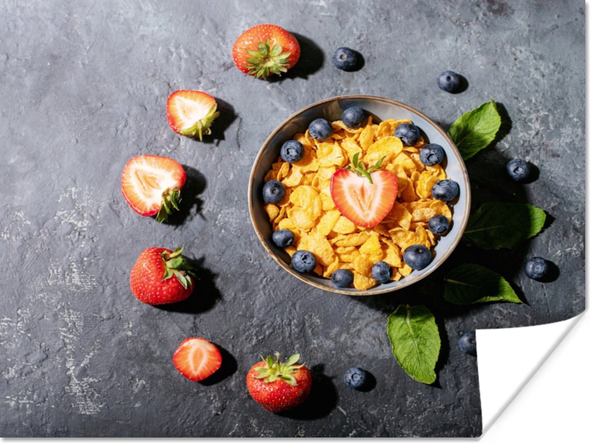 Poster Aardbei - Cornflakes - Bes - Kruiden - 80x60 cm