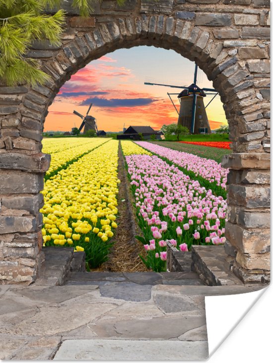 Poster Tulpen - Bloemen - Molen - Doorkijk - 90x120 cm