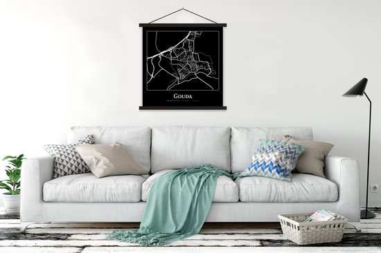 Posterhanger incl. Poster 120x120 cm - Schoolplaat - Gouda - Kaart - Stadskaart - Plattegrond - Textielposter - Zwarte latten - Stadskaart