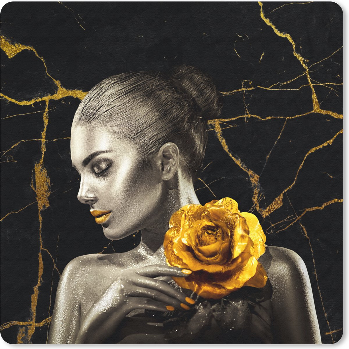 Muismat 30x30 cm - Mousepad Vrouwen - Rozen - Goud - Marmer print - Muismatten