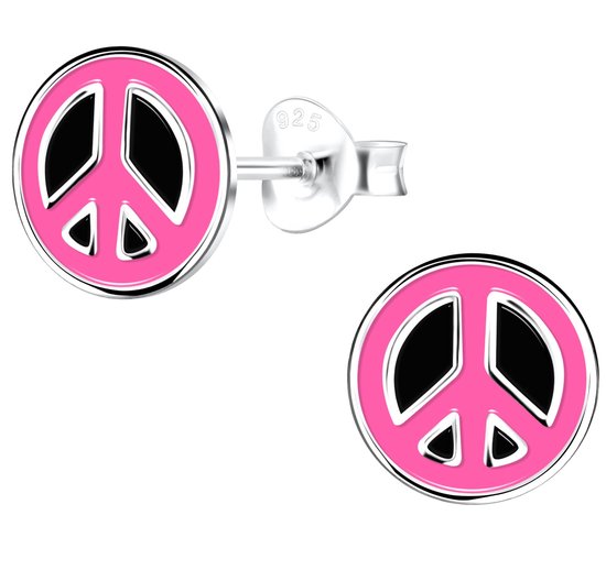 Joy|S - Zilveren peace oorbellen 8 mm - Roze Zwart - t95