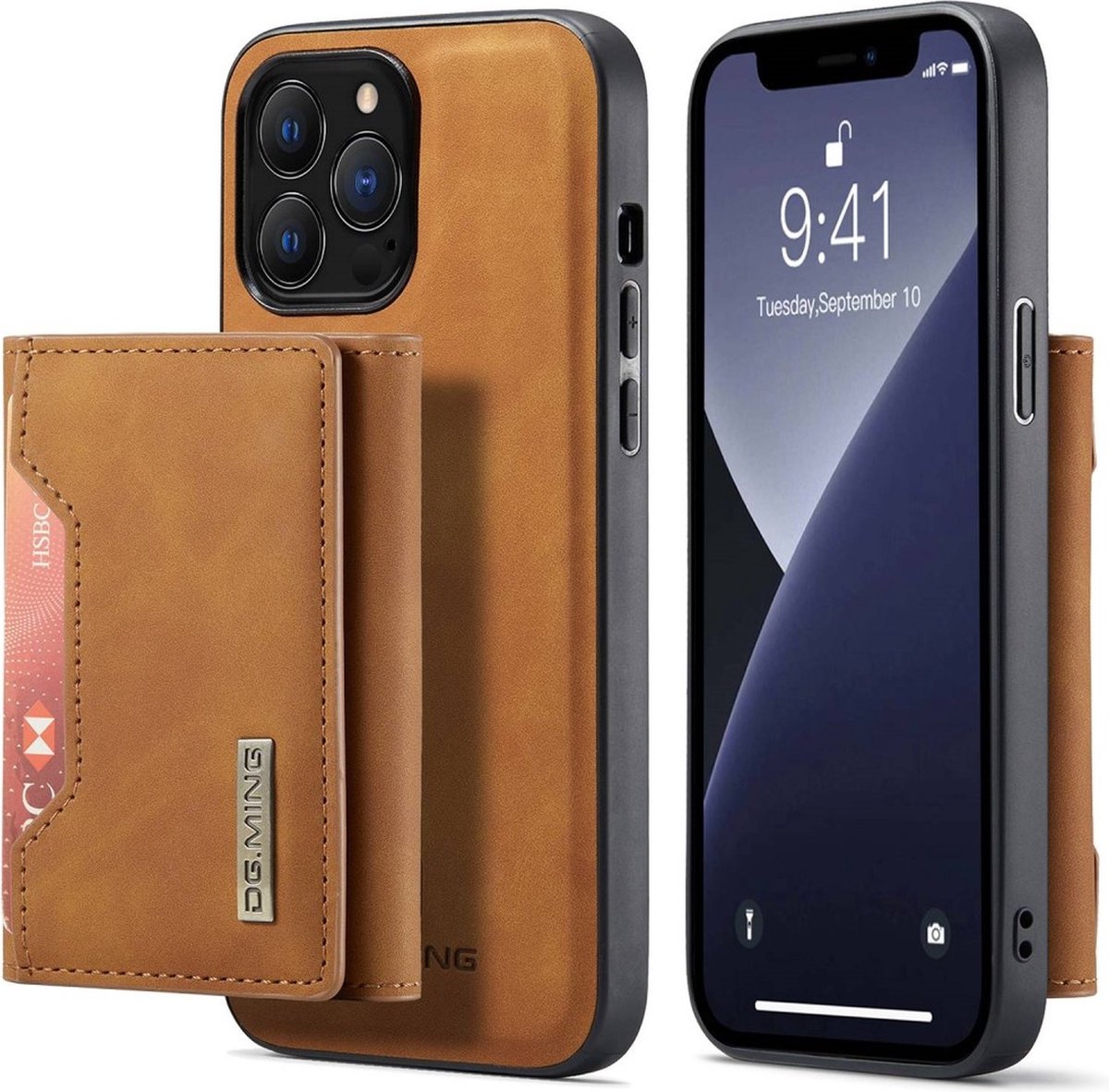 DG Ming - iPhone 14 Pro hoesje - 2 in 1 Magnetisch Portemonnee case - Bruin