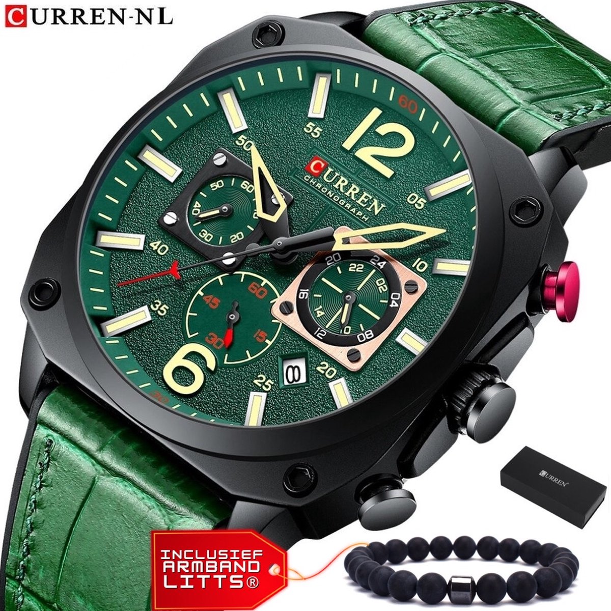 Curren - Horloge Heren - Cadeau voor Man - Horloges voor Mannen - 44 mm - Groen Zwart