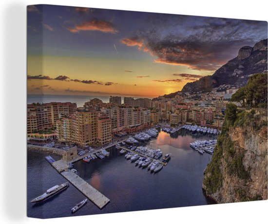 Canvas Schilderij De haven van Monaco tijdens zonsondergang - 180x120 cm - Wanddecoratie XXL