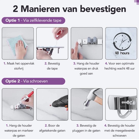 Instructies voor het bevestigen van een wandhouder met tape of schroeven.