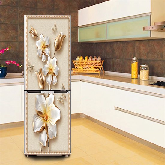 Koelkast sticker - bloemen - vlinders - goud - sticker - deursticker - zelfklevend - 60 x 180 cm