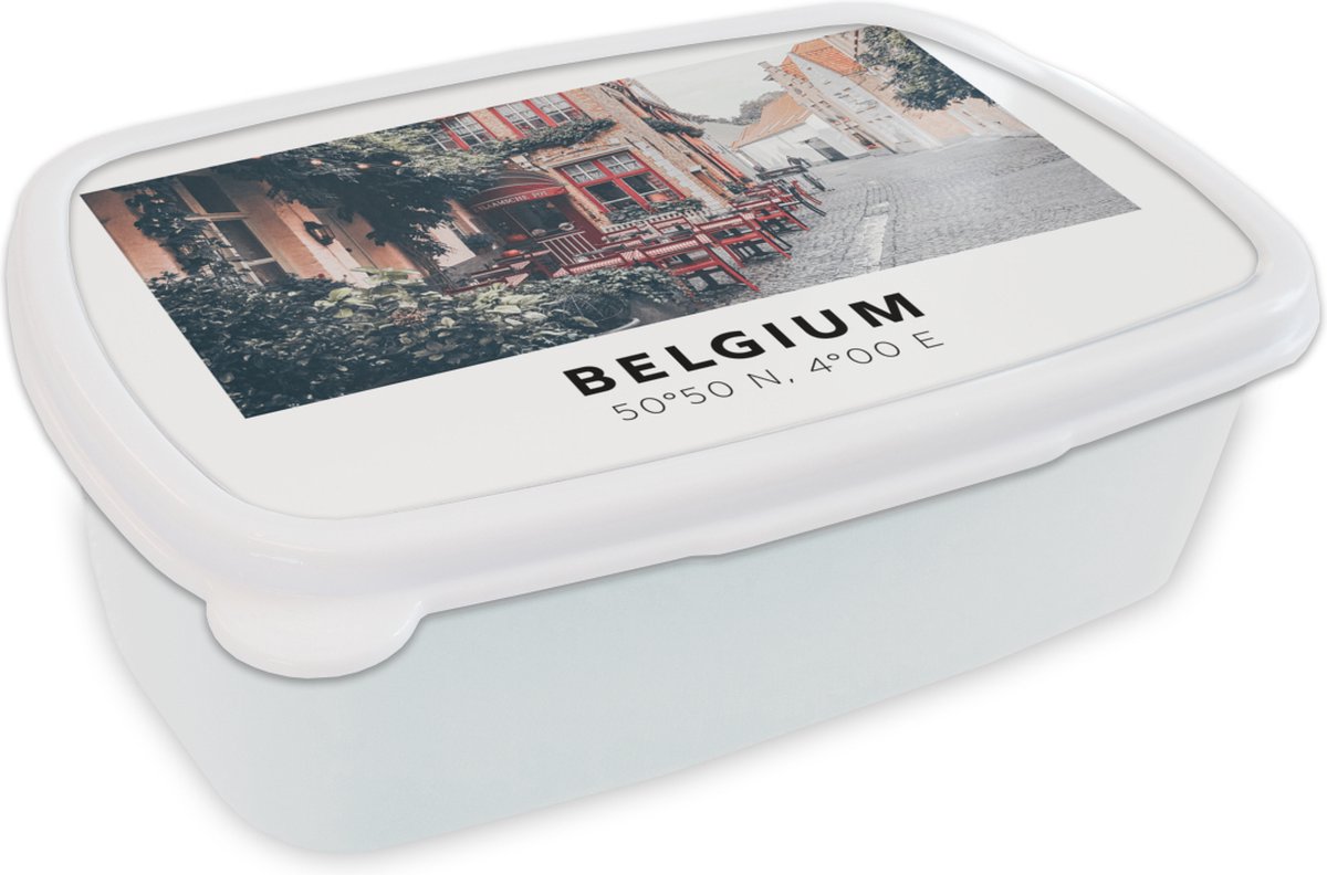Broodtrommel Wit - Lunchbox - Brooddoos - Terras - België - Rood - Café - 18x12x6 cm - Volwassenen