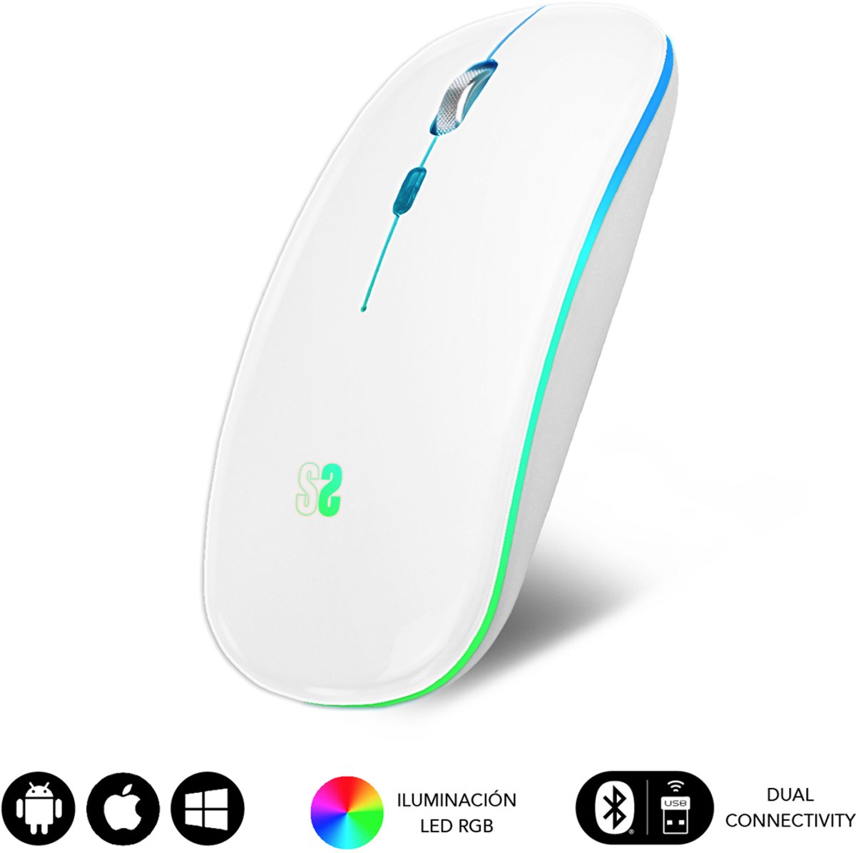 Wireless Bluetooth Mouse Subblim Ratón Inalámbrico Bluetooth + RF RGB LED Dual Flat Mouse White