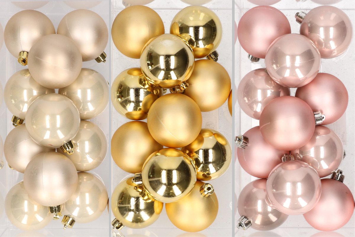 Mix van champagne, goud en lichtroze kunststof kerstballen, 6 cm.