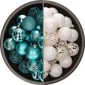 Bellatio Decorations Kerstballen mix - 74-delig - turquoise blauw en wit - 6 cm - kunststof