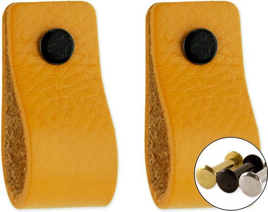 Anses en cuir - Ocre jaune - 2 pièces - 12,5 x 2,5 cm | avec 3 vis de couleur par poignée en cuir