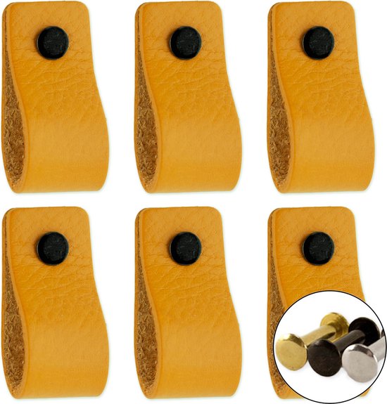 Anses en cuir - Ocre jaune - 6 pièces - 12,5 x 2,5 cm | avec 3 vis de couleur par poignée en cuir