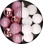 24x stuks kunststof kerstballen mix van roze en wit 6 cm - Kerstversiering